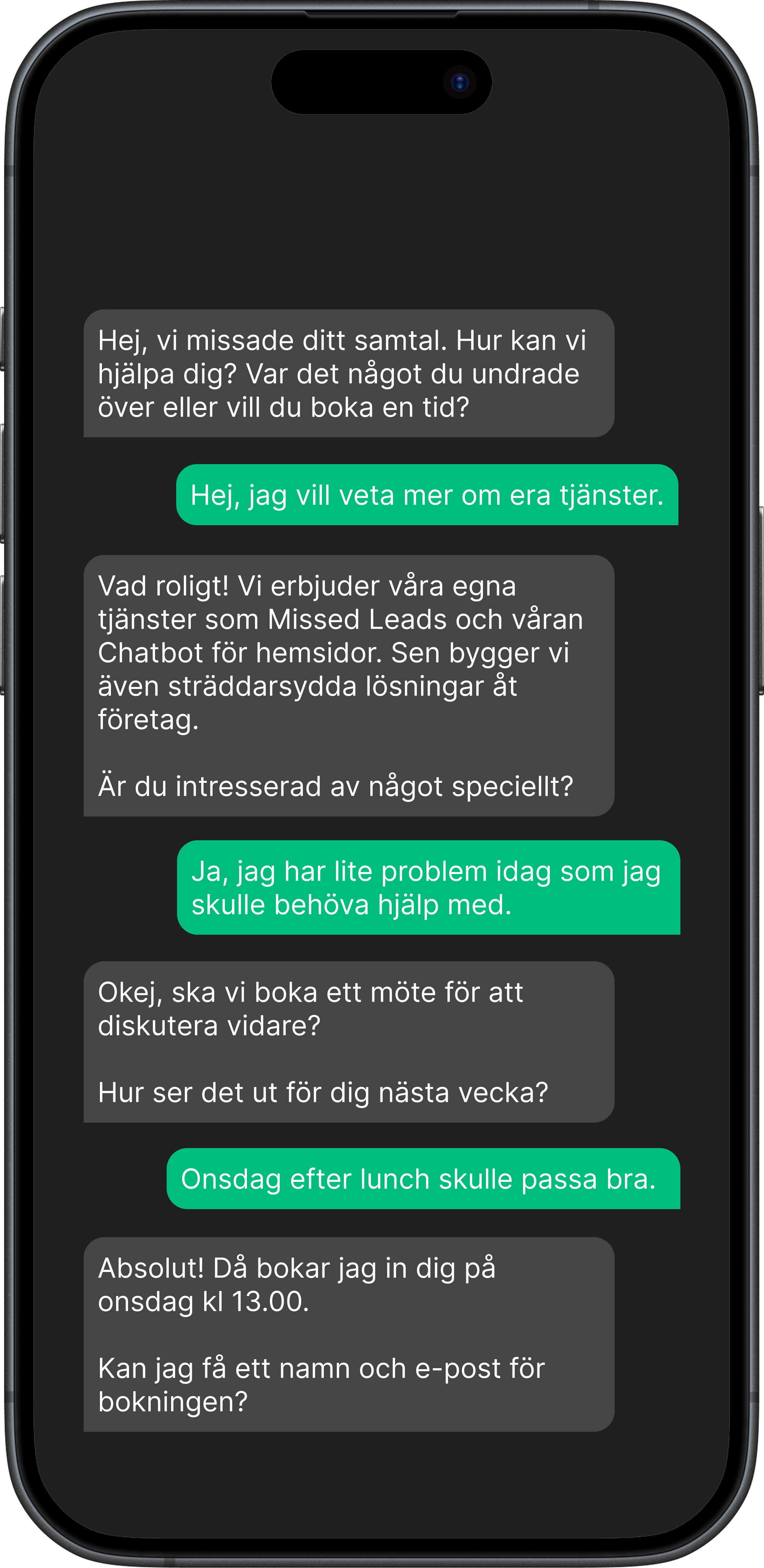 Exempel på SMS-dialog med Missed Leads – bokning och frågor
